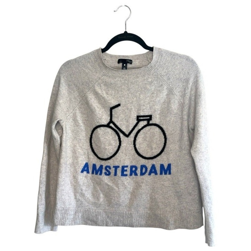 AQUA Amsterdam Bicycle Sweater M Gray 100% Cashmere Graphic Euro Chic
